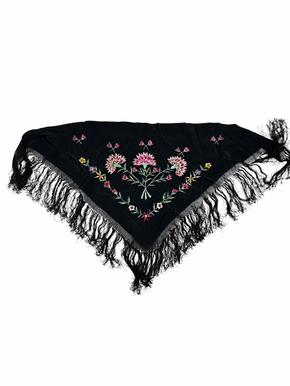 Women’s Black Colorful Floral Embroidered Fringe  Spanish Flamenco Piano Shawl